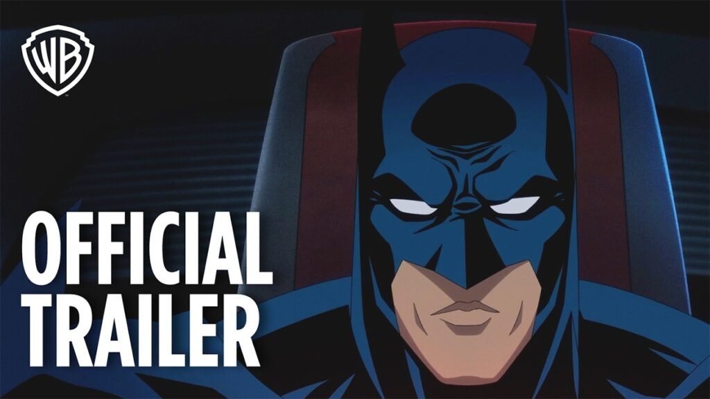 Batman animado de máscara azul olha de frente, com a inscrição Official Trailer