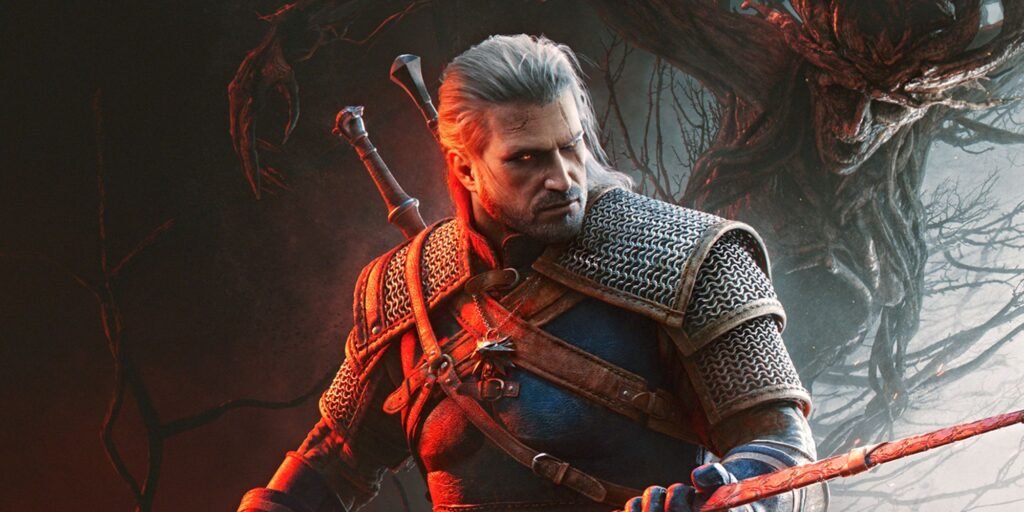 Geralt de Rivia empunhando a espada em The Witcher 3