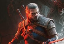 Geralt de Rivia empunhando a espada em The Witcher 3