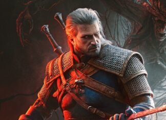 Geralt de Rivia empunhando a espada em The Witcher 3