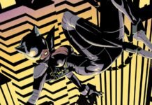 Arte da Mulher-Gato saltando sobre os prédios de Gotham City