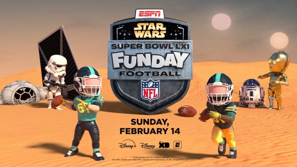 Arte oficial de “Star Wars Funday Football”, transmissão animada do Super Bowl LXI