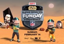 Arte oficial de “Star Wars Funday Football”, transmissão animada do Super Bowl LXI