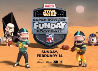 Arte oficial de “Star Wars Funday Football”, transmissão animada do Super Bowl LXI