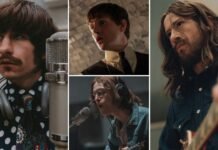 Os quatro atores caracterizados como os integrantes dos Beatles