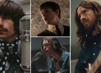 Os quatro atores caracterizados como os integrantes dos Beatles