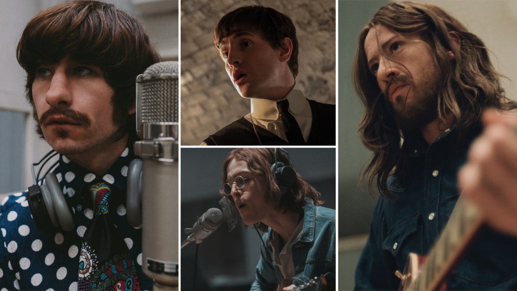 Os quatro atores caracterizados como os integrantes dos Beatles