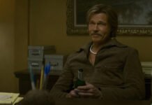 Brad Pitt caracterizado como o dublê Cliff Booth