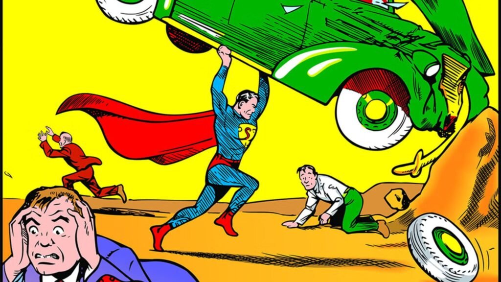 Capa da revista Action Comics número 1 com o Superman erguendo um carro