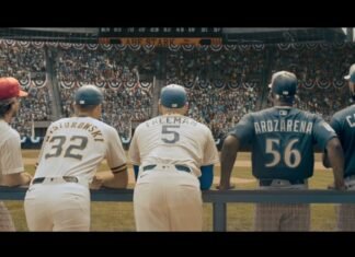 Cena da prévia de Avengers: Doomsday com o Quarteto Fantástico em um estádio de beisebol
