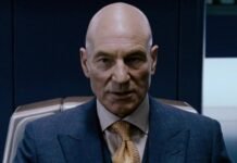 Patrick Stewart caracterizado como o Professor Charles Xavier
